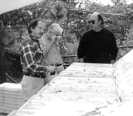 Chief Geologist Hall Stewart, director Dale Hendrick and Vice- President of Exploration Greg Liller examine fresh core from the Ocampo gold-silver project in Mexico's Chihuahua state.