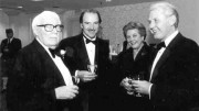 CMHF inductee Marsh Cooper (left) chats with Pierre Lassonde, president of Franco-Nevada Mining, Barbara Yates, and Oyvind Hushovd, president of Falconbridge (right).