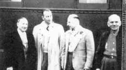 Joseph Hirshhorn (left), Paul Young, Hirshhorn's chief engineer and manager of the Pronto mine, Franc Joubin and William Bouck gathered at the train station in 1955 in Blind River, Ont., for the opening of Pronto.