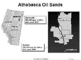 A map of Alberta showing the Syncrude and Suncor projects and their production levels in the Athabasca oil sands.
