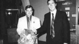 Donald MacInnes, president of the B.C. and Yukon Chamber of Mines, left, stands beside Ross Beaty, president of the Pacific Mineral Museum Society, at the museum's $5-million gold exhibition in Vancouver. The front display contains an ore sample from Barrick Gold's Meikle mine in Nevada. If visitors guess the gold content in the sample, they will win that amount in Canadian dollars. The exhibition runs until Nov. 4.