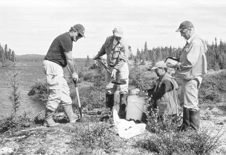 Ashton President Robert Boyd, Soquem Vice-President of Exploration Pierre Bertrand, Soquem Assistant Director of Exploration Ghislain Poirier, and Ashton Project Mangager Robert Lucas sample eskers on the Foxtrot property in north-central Quebec.