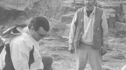 Cumberland Interim President Kerry Curtis (left) and Project Manager Brian Alexander review 1999 trenching results on Meadowbank's Third Portage deposit, one of the key proposed open pits.