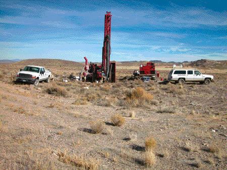 Drilling into the Gemfield deposit on Metallic Ventures' Goldfield property south of Reno.