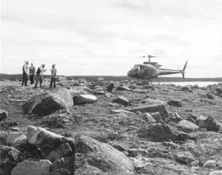 A helicopter and crew on the Third Portage deposit near Baker Lake, west of the Chesterfield Inlet in Nunavut.