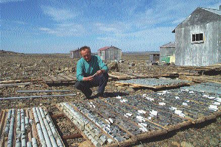 Prospector George Harkin examines drill core the from Expo-Ungava property in northern Quebec. The drill program was financed in part by issuing 1.05 million flow-through units in February.