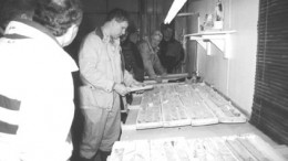 Pacific Northwest Capital's vice-president of exploration, Scott Jobin-Bevans, examines core taken earlier from the Dana Lake zone.