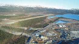 The permanent airstrip (upper left) and construction of the concentrator (far right) at the Voisey's Bay nickel project, south of Anaktalak Bay, Labrador. The operation belongs to Voisey's Bay Nickel Co., a wholly owned subsidiary of Inco.