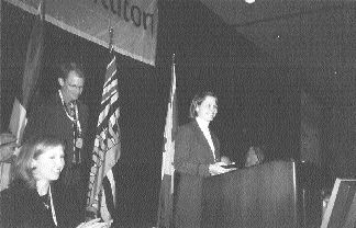 Marcus Randolph, president of BHP Billiton's Diamonds and Specialty Products, just after he presented the diamond to Marina Dreszach of the British Columbia Children's Hospital Foundation (at the podium). Stornoway Diamond President Eira Thomas is in the foreground.