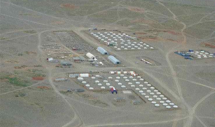 An aerial view of Ivanhoe Mines' Oyu Tolgoi discovery camp in Mongolia's South Gobi desert.