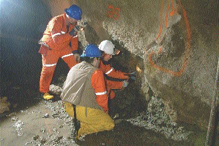 Shore Gold Vice-President of Exploration George Read stands near Project Geologist Kirsten Marcia at the face underground at the Star Diamond project. Beside her is Mark Shimell, a consulting geologist from A.C.A. Howe International.