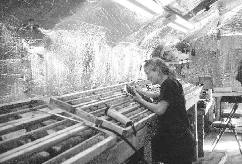 An Ashton Mining field geologist analyzes and logs core at Camp Lagopede, on the Foxtrot property in the Otish Mountains of northern Quebec.