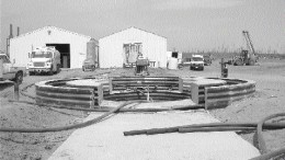 At the Star Diamond project last year: Looking north of the shaft collars, with the hoist base in the foreground and the shop and freeze-plant buildings in the background.