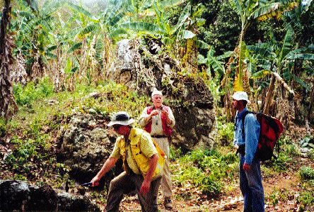 Radius Gold President Simon Ridgway (centre) and analyst Brent Cook (left) examine silicified boulders at the Pavon North vein in Nicaragua.