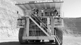 The Northern Miner's Rob Robertson (bottom right) stands on one of the 400-ton haul trucks in the Pipeline-South Pipeline pit at the Cortez mine in northeastern Nevada.