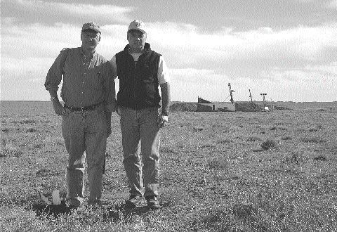 Entre Gold Director James Harris (left) and Entre President and CEO Greg Crowe stand on the company's Lookout Hill (Shivee Tolgoi) project in Mongolia. The property shares a border with Ivanhoe Mines' well-known Turquoise Hill (Oyu Tolgoi) copper-gold property.