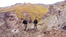 (From left) Brokers Scott Hunter and Thomas Seltzer, Majestic Geologist David Pollard, and Haywood Securities Analyst James Mustard discuss mineralization controls in Zone IV on the Sawayaerdun project in eastern China's Xingjiang Autonomous Region.