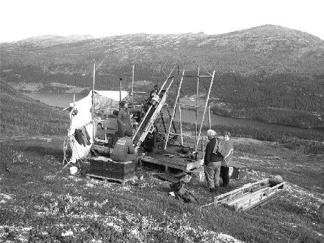 A fly drill turns on the P1 conductor at the Espedalen nickel project in Norway. Falconbridge is drilling Espeladen, and Blackstone Ventures is earning an interest.