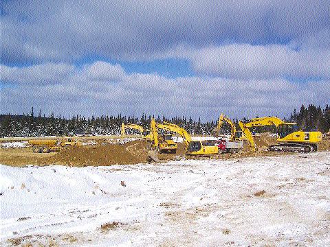 Construction of the settling ponds at Aur Resources' Duck Pond zinc-copper mine in Newfoundland.