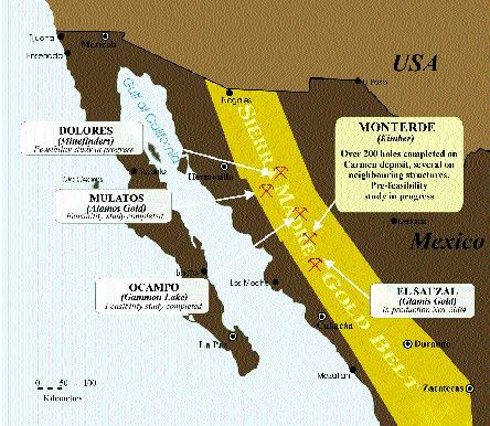 A map outlining various projects along the Sierra Madre gold belt.