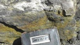 A geiger counter tests uranium mineralization at the Velvet mine in Utah.