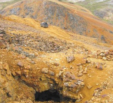 Historical underground workings in a mineralized zone on Bear Creek Mining's Corani silver-gold project in southeastern Peru.