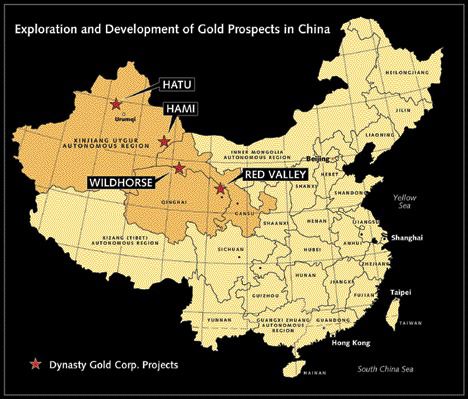 A map of Dynasty Gold's projects in China.