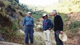 Standing at the northeasternmost end of the 40-km-long Luxi gold belt, from left: Lee Barker, president and CEO of Sparton Resources; geologist Guojian Xu; and geologist Guy Della Valle. Says Della Valle of Yunnan province: "Compared to Angola, working here is like being on holiday."