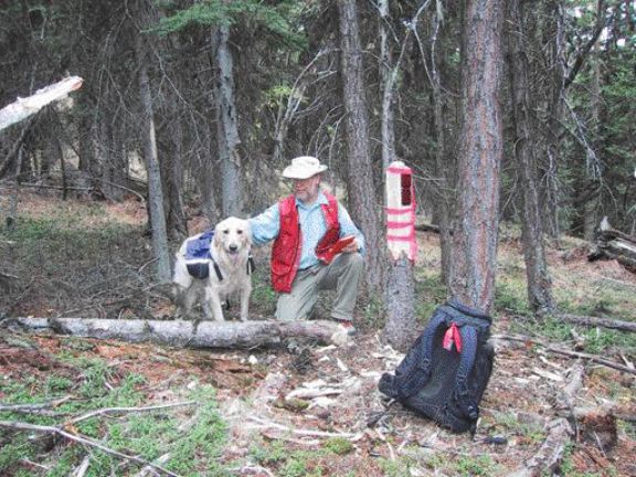 Almaden Minerals' qualified person, Ed Balon, and his dog Dakota, stake in situ quartz vein mineralization on the NIC showing, part of the Prospect Valley property in the Spences Bridge gold belt -- about 250 km east of Vancouver.