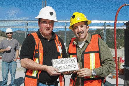 Gammon Lake CEO Brad Langille (left) and president and chairman Fred George hold a 30-kg gold dor bar from the company's first metal pour at the Ocampo gold mine in Chihuahua state, Mexico.