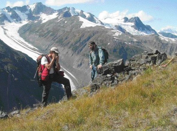 Jim Logan of the British Columbia Geological Survey (left) and NovaGold Resources' senior geologist Bruce Otto explore the Copper Canyon zone, part of the company's Galore Creek copper-gold-silver project in the historic Stikine bold belt of northwestern British Columbia. The mineralization at Copper Canyon is developed in breccia bodies.