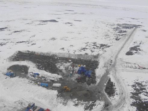 ROB ROBERTSONAn aerial view of the camp and drills at the Tli Kwi Cho kimberlite complex.