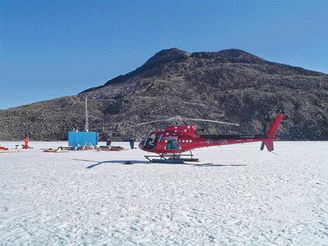 HUDSON RESOURCESA drill rig and helicopter rest on 1.5-metre-thick ice at Hudson Resources' Garnet Lake diamond project in western Greenland. The lake is 42 metres deep and hosts an anomalous magnetic signature.