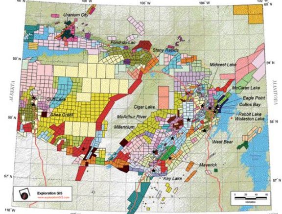 EXPLORATION GISA map outlining claims in the Athabasca basin. The image is from Exploration GIS, a Saskatoon-based exploration consulting firm with extensive experience in the Athabasca basin. The company has provided GIS products for Saskatchewan's miners since 1998.