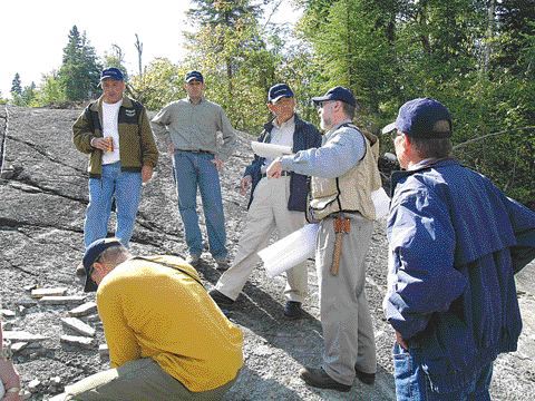 JAMES WHYTEMarathon PGM president and CEO Philip Walford displays some stripped outcrops of the Port Coldwell intrusive complex on the company's Marathon copper-palladium-platinum property north of Marathon, Ont. A preliminary economic assessment of Marathon says an open-pit operation there could be profitable at today's metal prices.