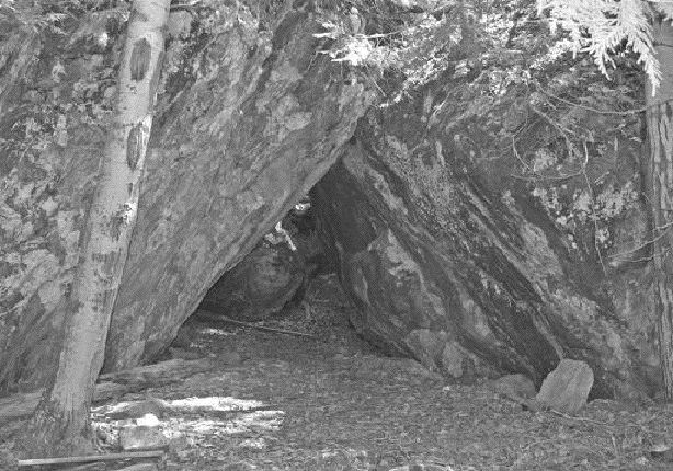 Jake's Cave -- J.A. "Jake" Davidson spent a winter in this cave near the Young-Davidson mine west of Matachewan, Ont. around 1910, having panned his way up the Montreal River to the source of gold colour. Davidson had prospected in the Keno Hill area of the Yukon around the turn of the century and later worked in the area around Rouyn, Que.