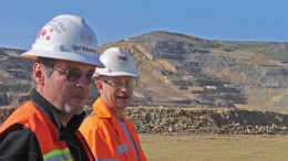 BY ANTHONY VACCAROSite supervisor Curtis Church (right) and Igor Kovarsky, vice-president of government affairs with Centerra Gold subsidiary Boroo Gold Co., stand near the open pit of the Boroo gold mine in Mongolia. The mine will produce roughly 275,000 oz. gold this year.