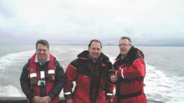 From left: Geologist Justin Baulch, Nautilus Minerals president David Heydon, and Robert Gooden, chairman of drilling contractor Seacore, which is working with Nautilus, head out to sea to witness ongoing exploration on Nautilus's Solwara seabed sulphide project.