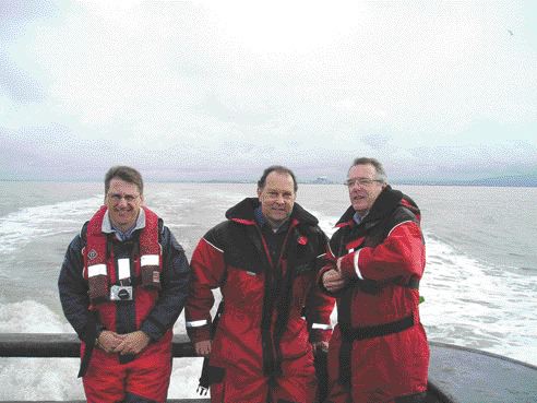 From left: Geologist Justin Baulch, Nautilus Minerals president David Heydon, and Robert Gooden, chairman of drilling contractor Seacore, which is working with Nautilus, head out to sea to witness ongoing exploration on Nautilus's Solwara seabed sulphide project.