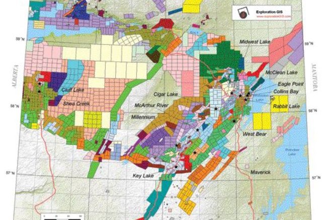 A map outlining claims in the Athabasca basin. The image is from Exploration GIS, a Saskatoon-based exploration consulting firm with extensive experience in the basin. The company has provided products to Saskatchewan's mining industry since 1988.