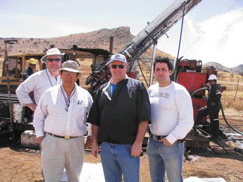 BY PETER KENNEDYIn front of the drill rigs at Orko Silver's La Preciosa concessions in Durango, Mexico. From left: Consulting geologist Ben Whiting, project geologist Alejo Monsivais, Orko President and CEO Gary Cope, and Marin Katusa, a research analyst with Vancouver-based Casey Research.