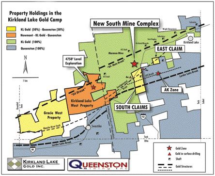 KIRKLAND LAKE GOLDA map outlining Kirkland Lake Gold and Queenston Mining projects in the Kirkland Lake camp.