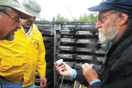 GOLDEN BAND RESOURCESGolden Band Resources' president and CEO Ron Netolitzky (far right), VP exploration and COO Klaus Lehnert-Thiel (left) and scoping study engineer Gene Puritch examine drill core from the company's La Ronge gold project.