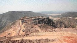 Trucks carry ore at Metallica's Cerro San Pedro gold-silver project in Mexico.