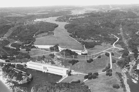 TNM ARCHIVESTwo of Alcan's hydroelectric plants in the Saguenay-Lake St. Jean region of Quebec. The Chute-a-Caron plant (upper left) was completed in 1931; Shipshaw (bottom) was built in the early 1940s to aid the expansion of the Arvida smelter during the Second World War.