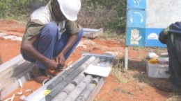 Drilled coal being laid out in core boxes at CIC Energy's Mmamabula coal project in southeastern Botswana