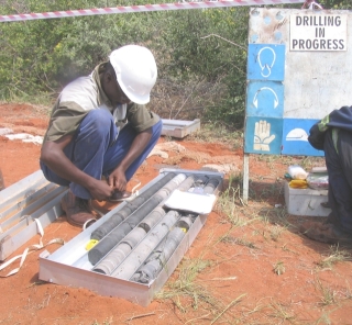 Drilled coal being laid out in core boxes at CIC Energy's Mmamabula coal project in southeastern Botswana