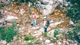 BY JAMES WHYTEBruce Jago (left), Wallbridge Mining's vice-president of exploration, and Joshua Bailey, senior project geologist, examine a surface showing at the Frost Lake property, north of Capreol, Ont.