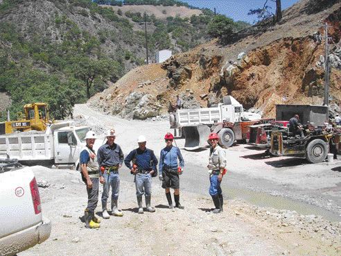 From left: Dia Bras consultant Jacques Marchand, and Remi Boily, general superintendent of the Bolivar copper-zinc mine, with guests outside an adit at the Bolivar copper-zinc mine in in the Sierra Madre mountains in Chihuahua state, Mexico. The company would like to build a mill on-site rather than ship ore 150 km by road and rail.