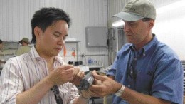 BY SUSAN KIRWINAaron Chan of Canaccord Capital gets a lesson from Alexandria Minerals president Eric Owens on how to use a hand lens to examine drill core.
